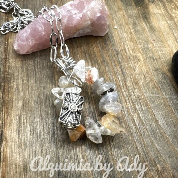 Peach  Aventurine  chunky pendant silver statement necklace - Picture 2 of 3